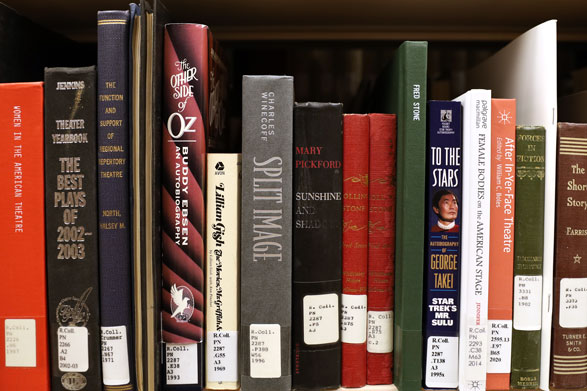 A collection of multicolored book spines of varying sizes sitting on a shelf