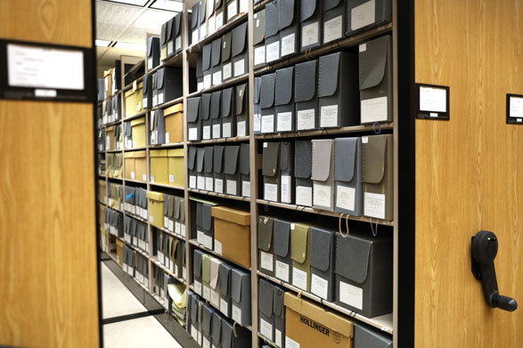 A long, light-wood bookcase filled with a mix of gray and beige file organizers